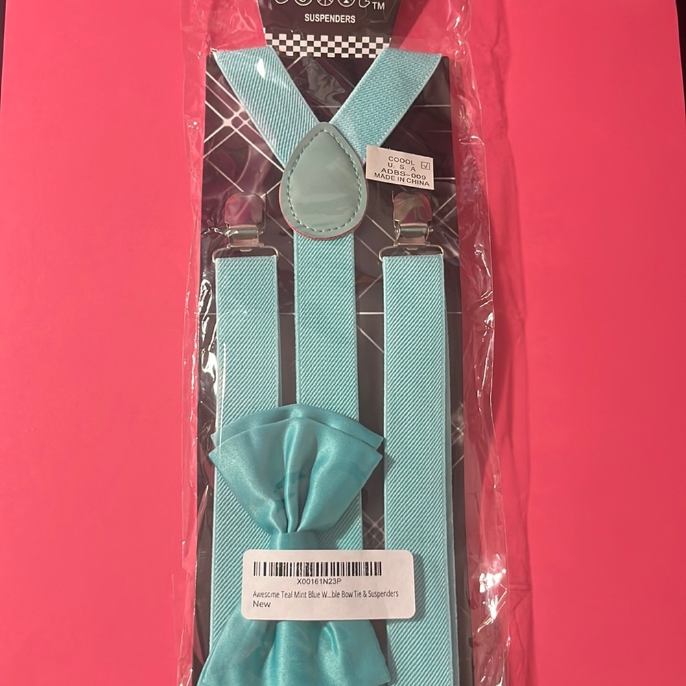COOOL teal mint blue bow tie and suspenders set. One size.